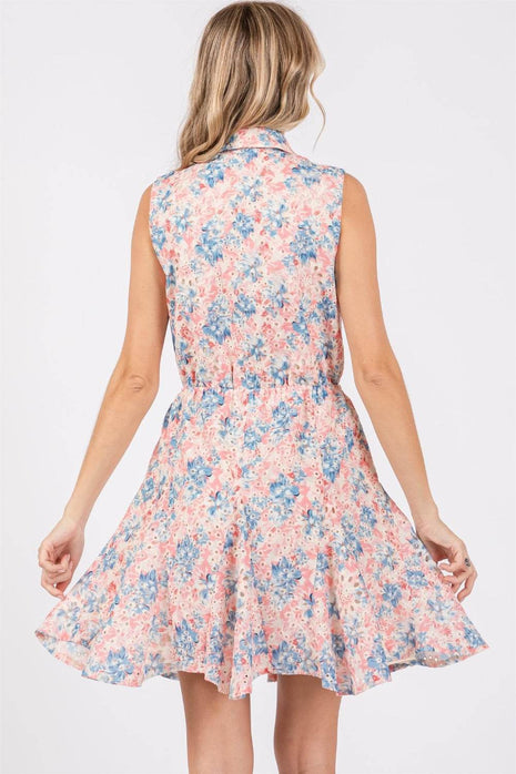 GeeGee Full Size Floral Eyelet Sleeveless Mini Dress - MimiStylez