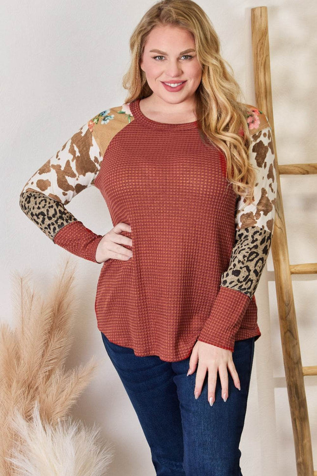 Hailey & Co Full Size Leopard Waffle-Knit Blouse - MimiStylez