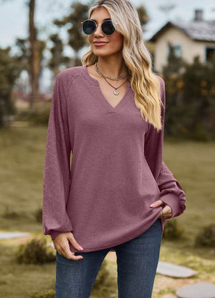 Notched Neck Raglan Sleeve Blouse - MimiStylez