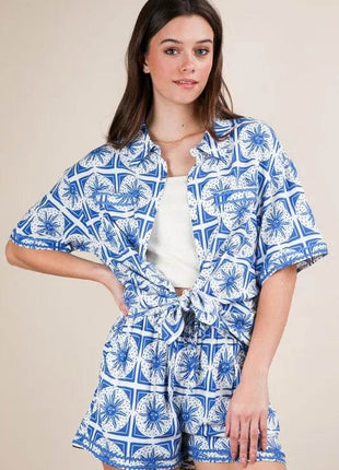 VERY J Full Size Tropical Printed Shirt Top and Shorts Set Plus Size - MimiStylez