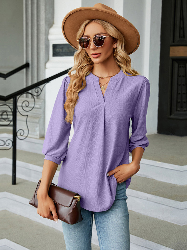 Notched Neck Three-Quarter Sleeve Blouse