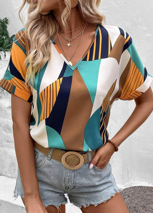 Printed V-Neck Short Sleeve Blouse - MimiStylez