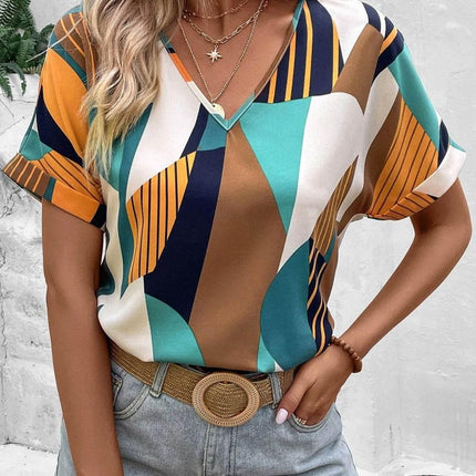 Printed V-Neck Short Sleeve Blouse - MimiStylez