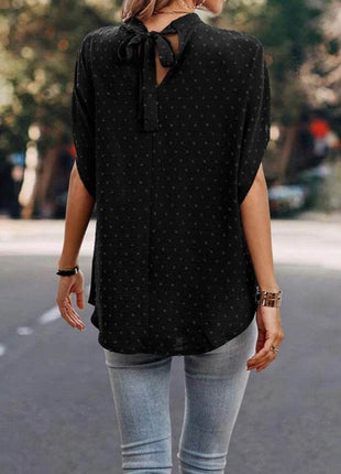 Swiss Dot Mock Neck Half Sleeve Blouse - MimiStylez