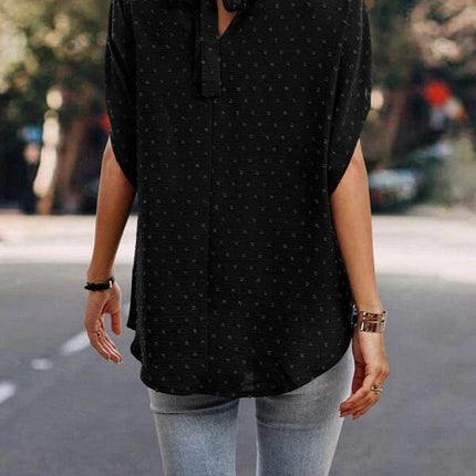 Swiss Dot Mock Neck Half Sleeve Blouse - MimiStylez