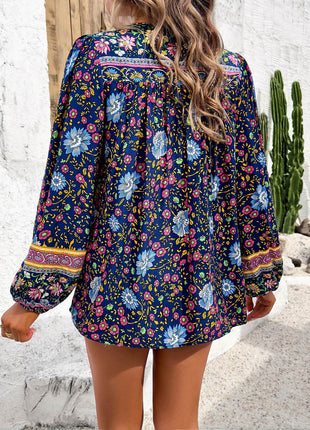 Printed Tie Neck Long Sleeve Blouse - MimiStylez