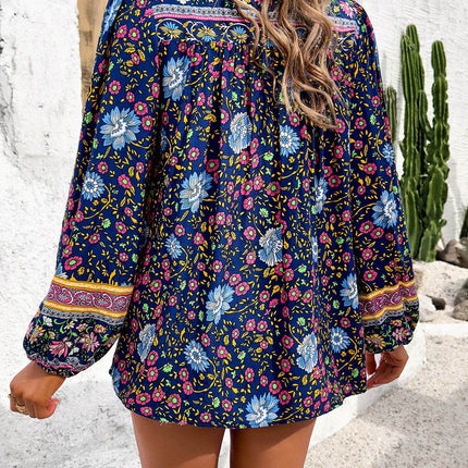 Printed Tie Neck Long Sleeve Blouse - MimiStylez