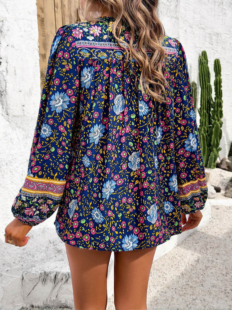 Printed Tie Neck Long Sleeve Blouse - MimiStylez