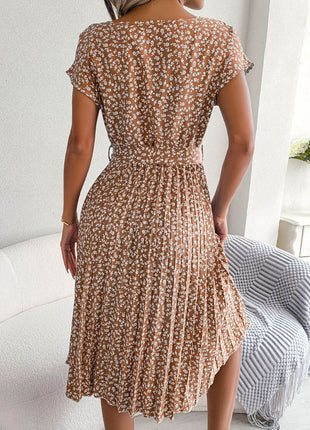 Ditsy Floral Pleated Belted Dress - MimiStylez