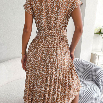 Ditsy Floral Pleated Belted Dress - MimiStylez