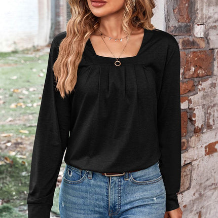 Ruched Square Neck Long Sleeve T-Shirt - MimiStylez