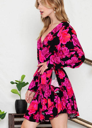 Floral Print Surplice Neck Long Sleeve Dress - MimiStylez