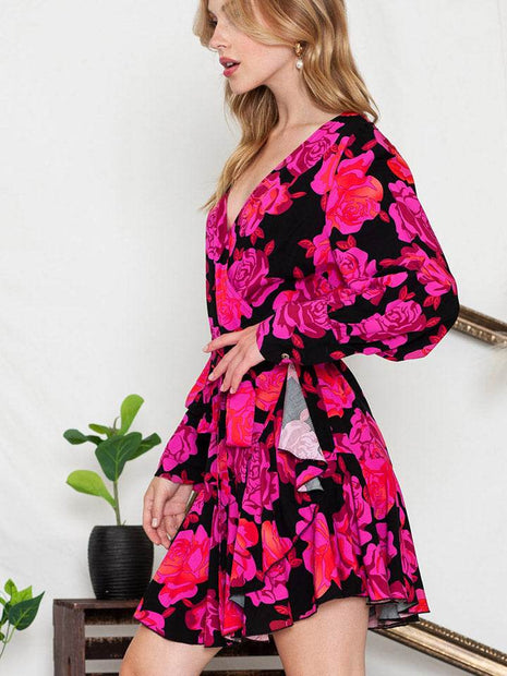 Floral Print Surplice Neck Long Sleeve Dress - MimiStylez