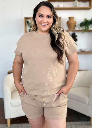 Double Take Full Size Texture Short Sleeve T-Shirt and Drawstring Shorts Set - MimiStylez
