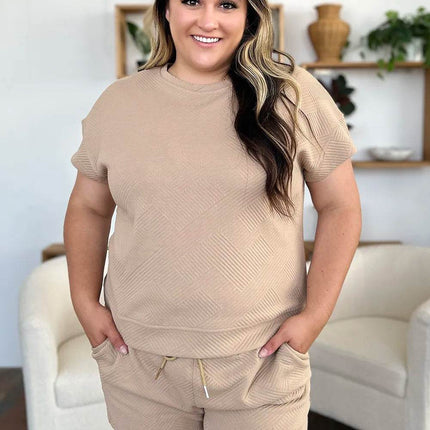 Double Take Full Size Texture Short Sleeve T-Shirt and Drawstring Shorts Set - MimiStylez