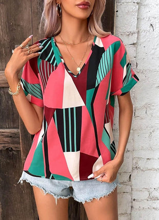 Printed V-Neck Short Sleeve Blouse - MimiStylez