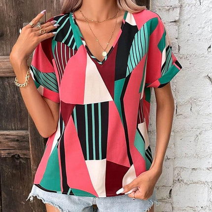 Printed V-Neck Short Sleeve Blouse - MimiStylez