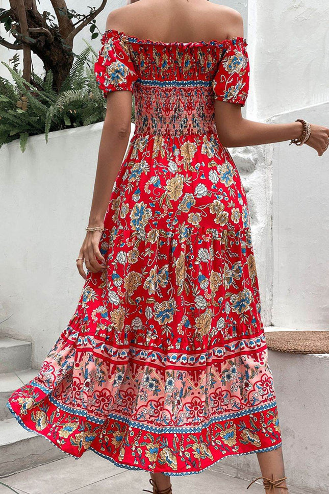 Floral Off-Shoulder Smocked Midi Dress - MimiStylez