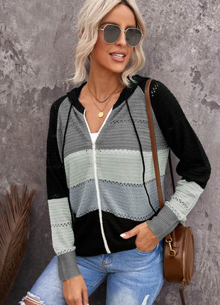 Zip-Up Raglan Sleeve Openwork Hooded Cardigan - MimiStylez