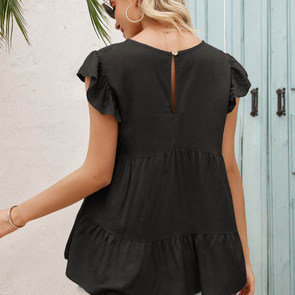 Round Neck Flutter Sleeve Tiered Blouse - MimiStylez