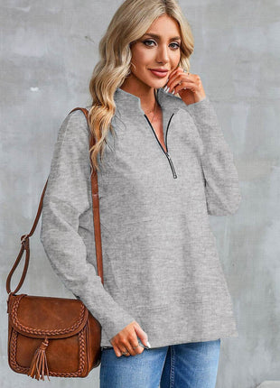 Half Zip Pocketed Dropped Shoulder Sweatshirt - MimiStylez