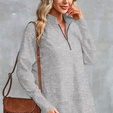 Half Zip Pocketed Dropped Shoulder Sweatshirt - MimiStylez