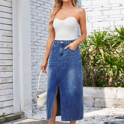 Slit Midi Denim Skirt with Pockets - MimiStylez