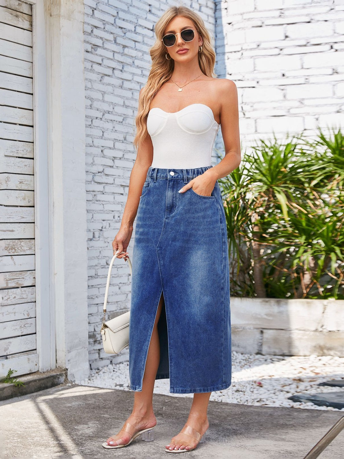 Slit Midi Denim Skirt with Pockets