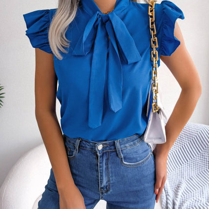 Tie Neck Cap Sleeve Blouse - MimiStylez