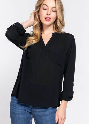 ACTIVE BASIC Full Size Notched Long Sleeve Woven Top - MimiStylez