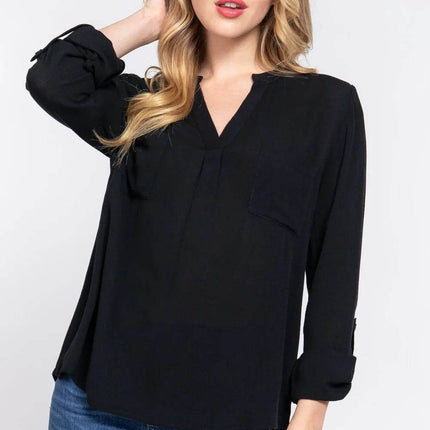 ACTIVE BASIC Full Size Notched Long Sleeve Woven Top - MimiStylez
