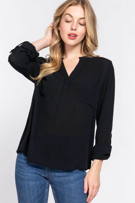 ACTIVE BASIC Full Size Notched Long Sleeve Woven Top - MimiStylez