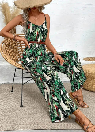 Tropical Print Spaghetti Strap Wide Leg Jumpsuit - MimiStylez