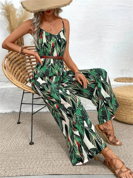 Tropical Print Spaghetti Strap Wide Leg Jumpsuit - MimiStylez