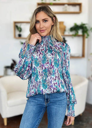 Double Take Full Size Printed Smocked Long Sleeve Blouse - MimiStylez