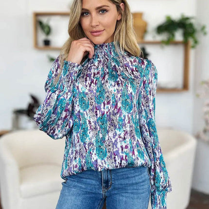 Double Take Full Size Printed Smocked Long Sleeve Blouse - MimiStylez