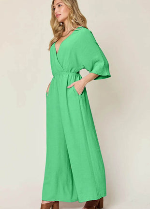 Double Take Full Size Surplice Wide Leg Jumpsuit with Pockets - MimiStylez