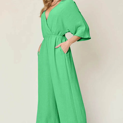 Double Take Full Size Surplice Wide Leg Jumpsuit with Pockets - MimiStylez