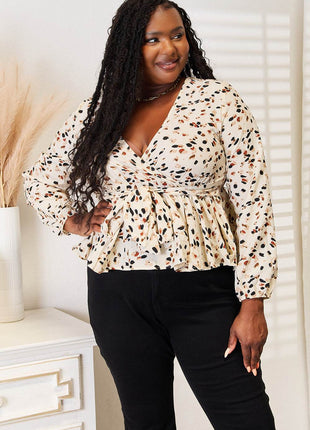 Double Take Printed Tied Plunge Peplum Blouse - MimiStylez