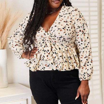 Double Take Printed Tied Plunge Peplum Blouse - MimiStylez