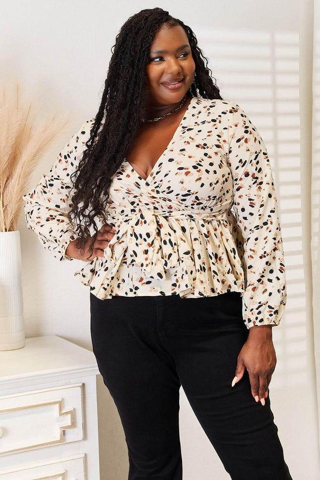 Double Take Printed Tied Plunge Peplum Blouse - MimiStylez