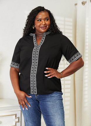 Double Take Embroidered Notched Neck Top - MimiStylez