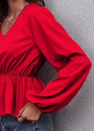 V-Neck Balloon Sleeve Peplum Blouse - MimiStylez