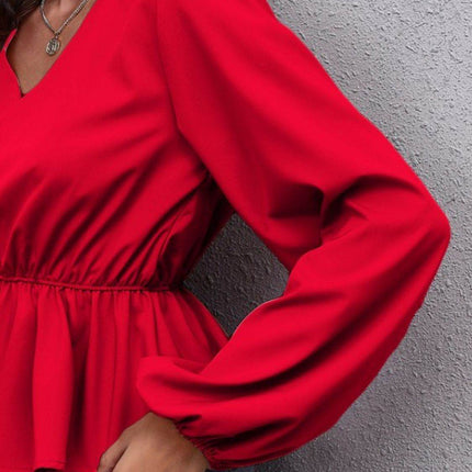 V-Neck Balloon Sleeve Peplum Blouse - MimiStylez