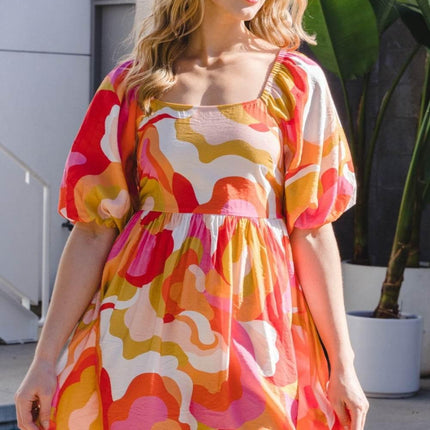 ODDI Full Size Printed Tied Back Short Sleeve Mini Dress - MimiStylez