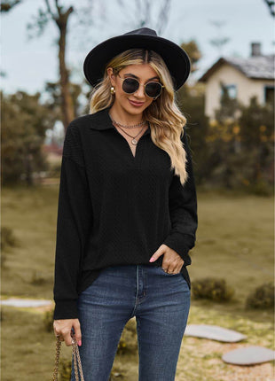 Collared Neck Cable-Knit Long Sleeve Blouse - MimiStylez
