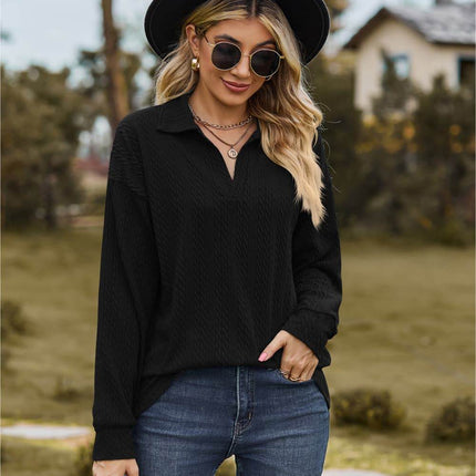 Collared Neck Cable-Knit Long Sleeve Blouse - MimiStylez