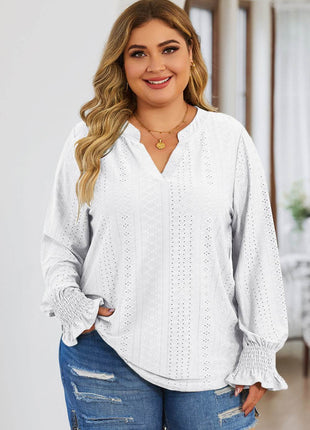Plus Size Eyelet Notched Flounce Sleeve Blouse - MimiStylez