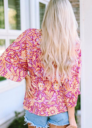 Floral V-Neck Tie Front Ruffled Blouse - MimiStylez