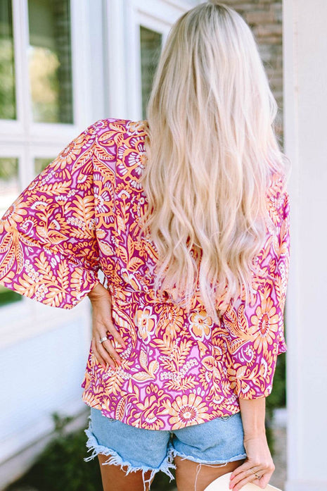 Floral V-Neck Tie Front Ruffled Blouse - MimiStylez